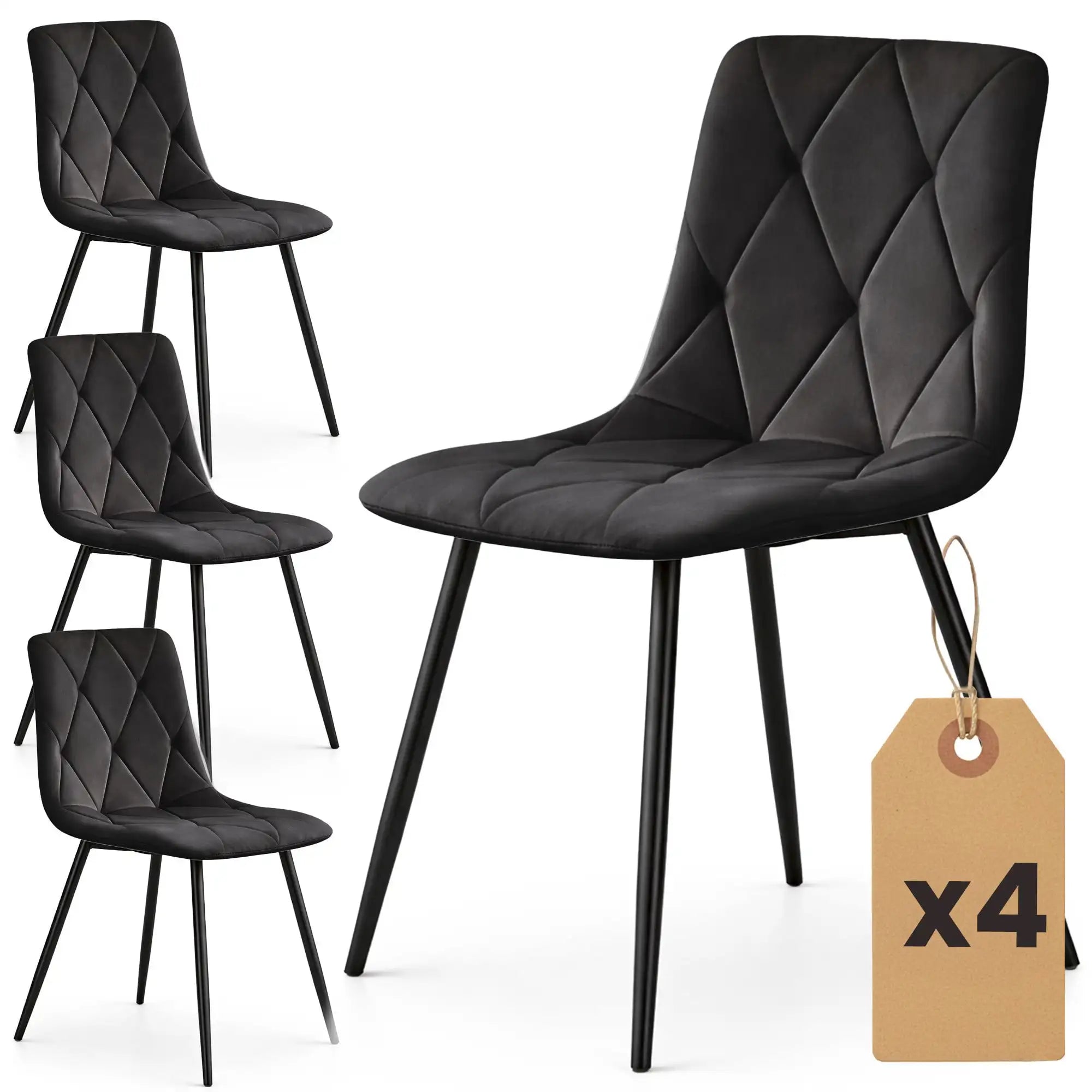 Chaises Matelassées Velours Beige Pieds Noirs — Set de 4 pour Salle à Manger