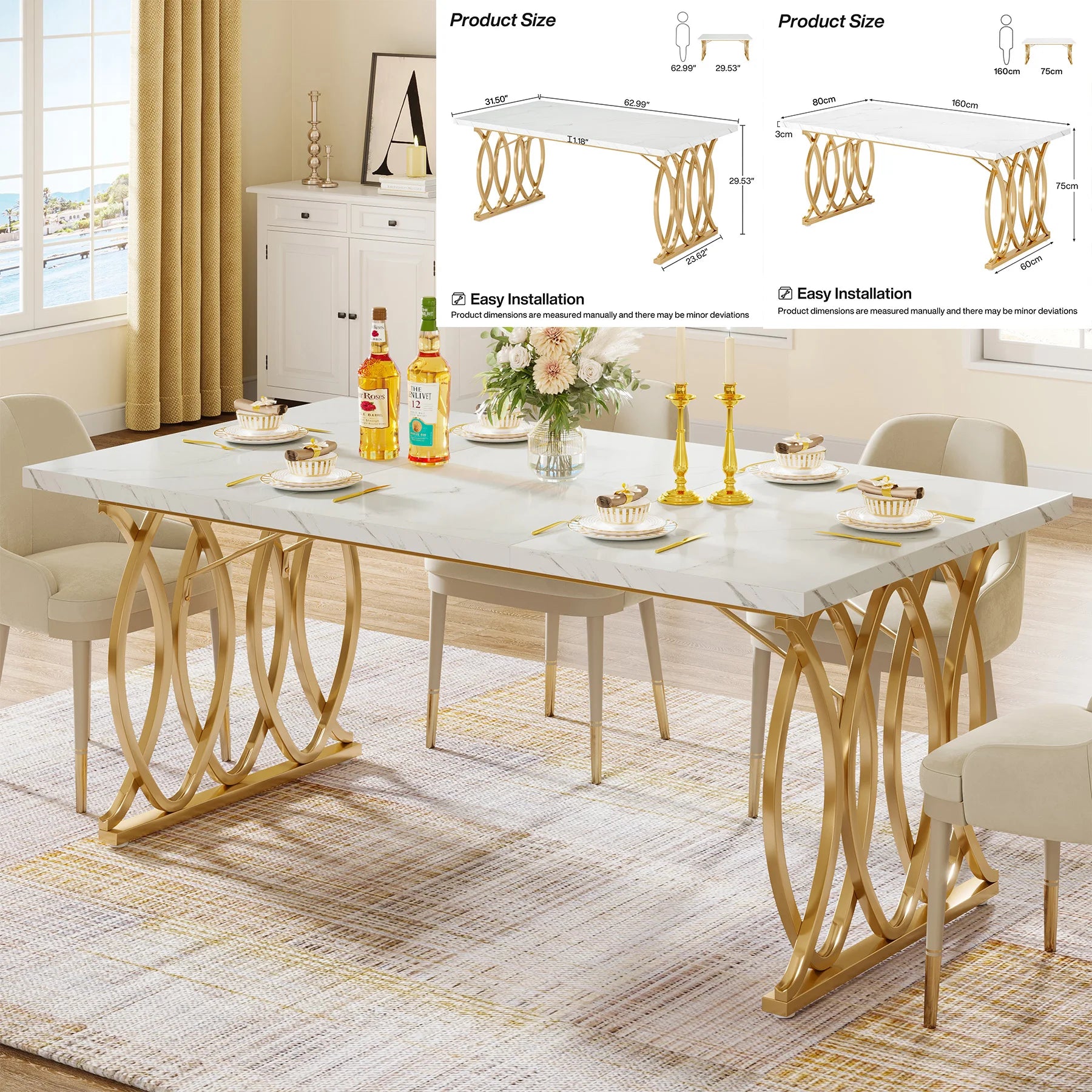 Table À Manger Rectangulaire Marbre Blanc 160cm — Élégance 4-6 Personnes