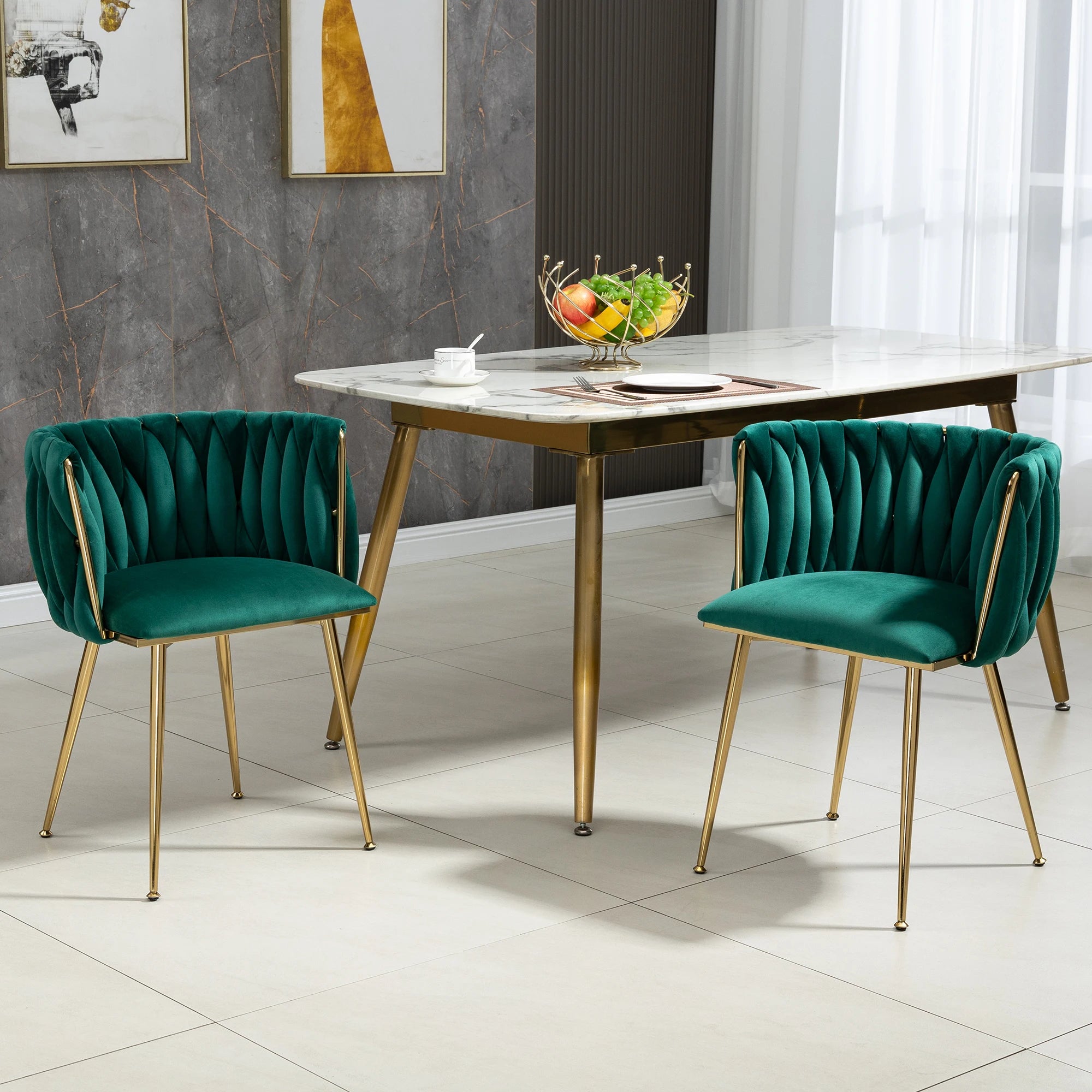 Chaises Velours Pieds Dorés Tressés — Set de 2 pour Salle à Manger & Salon