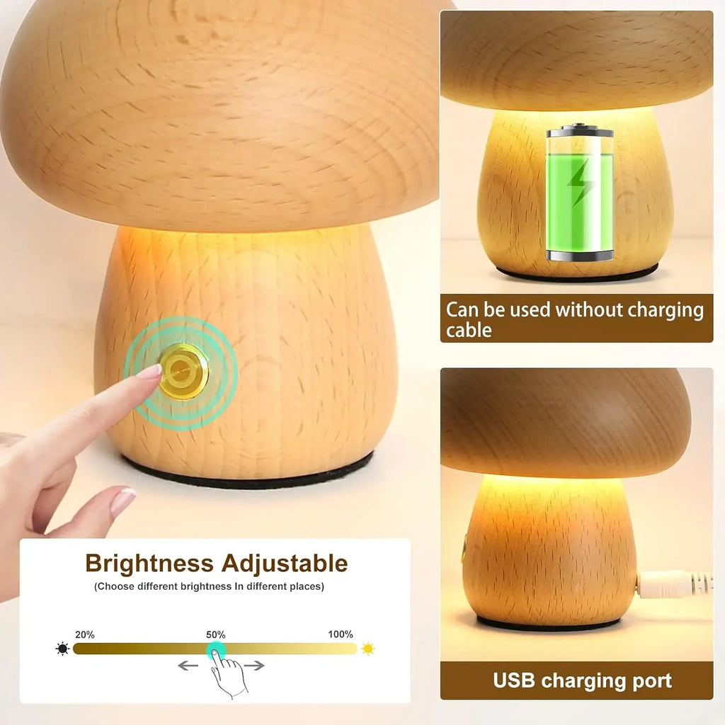 Lampe Champignon Rechargeable Tactile — Veilleuse LED Dimmable Bois