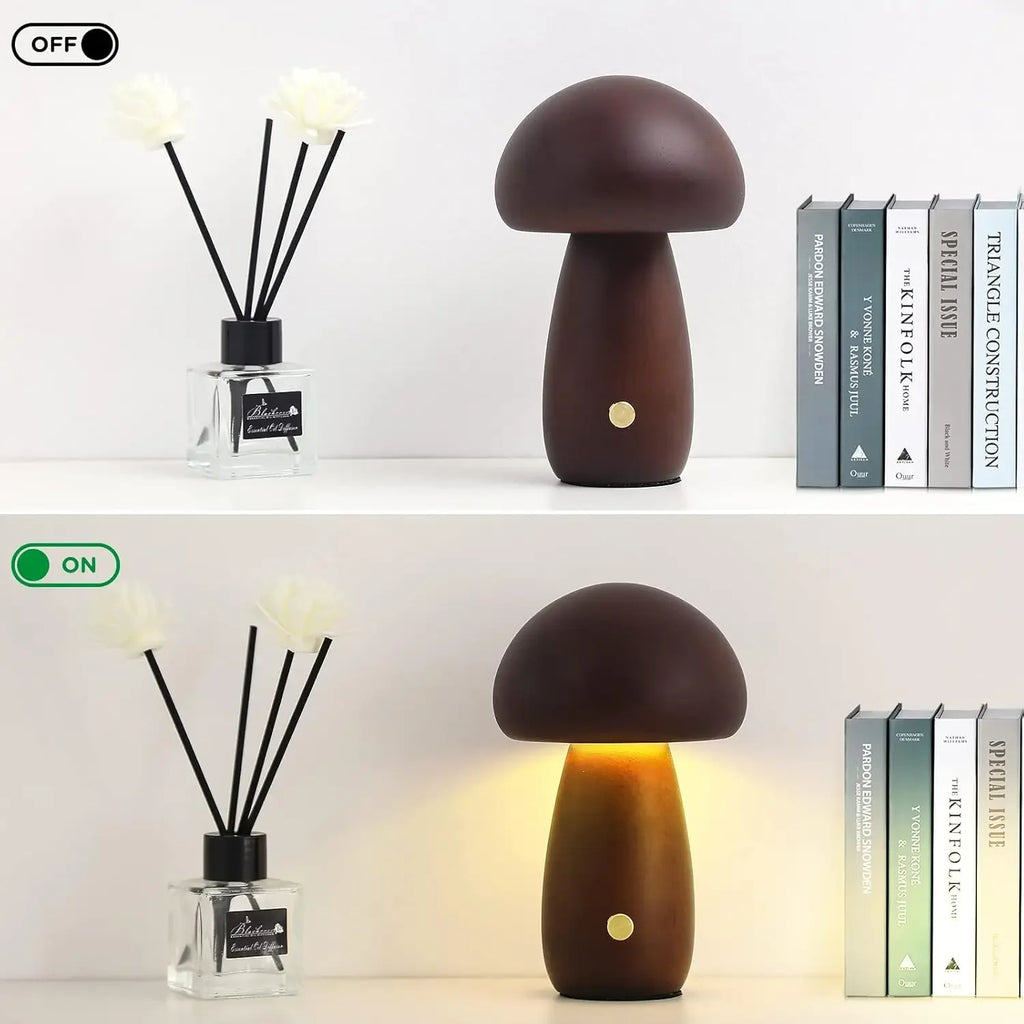 Lampe Champignon Rechargeable Tactile — Veilleuse LED Dimmable Bois