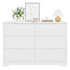 Commode blanche 6 tiroirs, détail poignées et finition bois