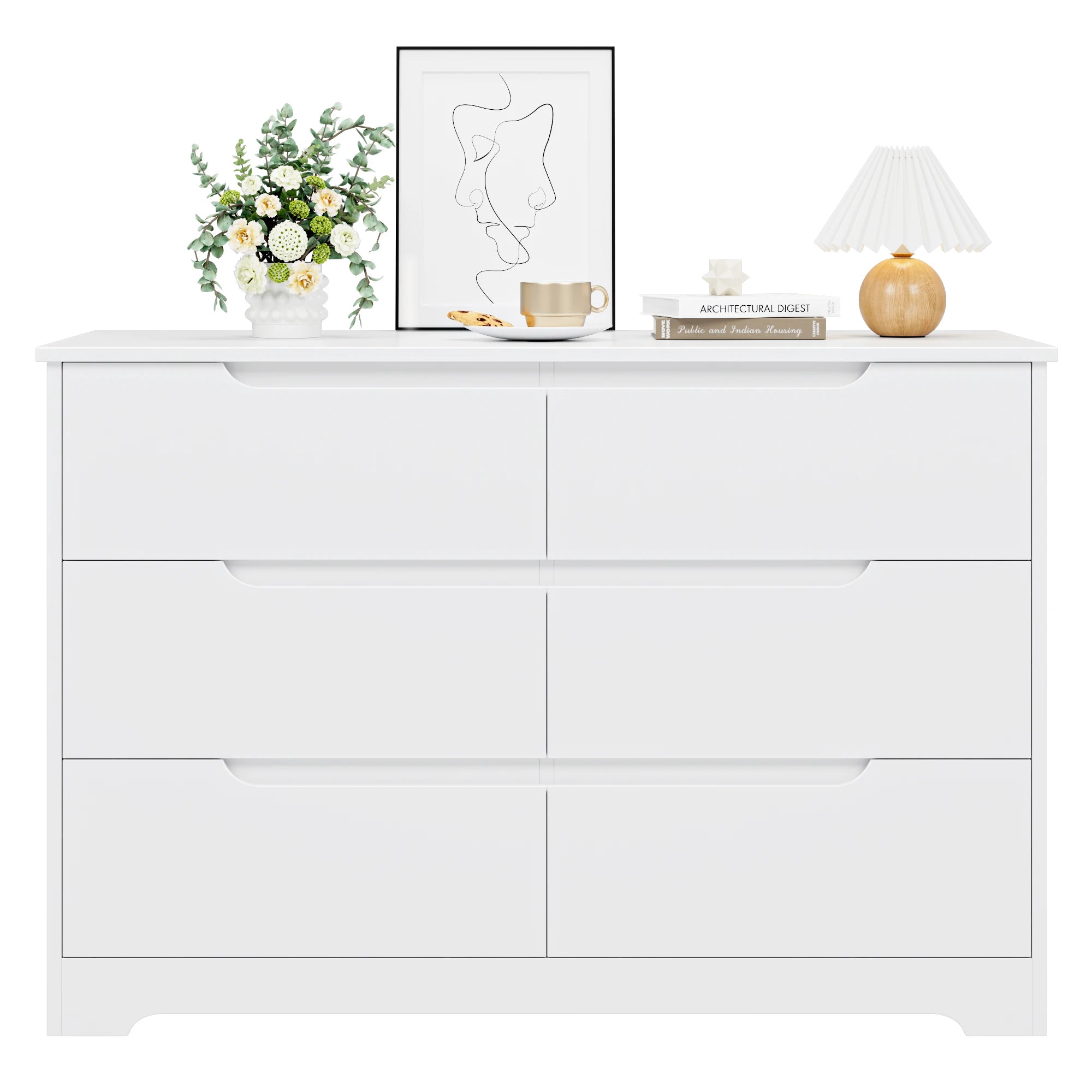 Commode blanche 6 tiroirs, détail poignées et finition bois