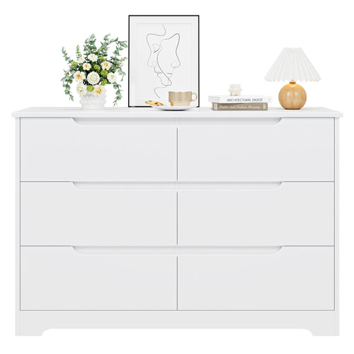 Commode blanche 6 tiroirs, détail poignées et finition bois