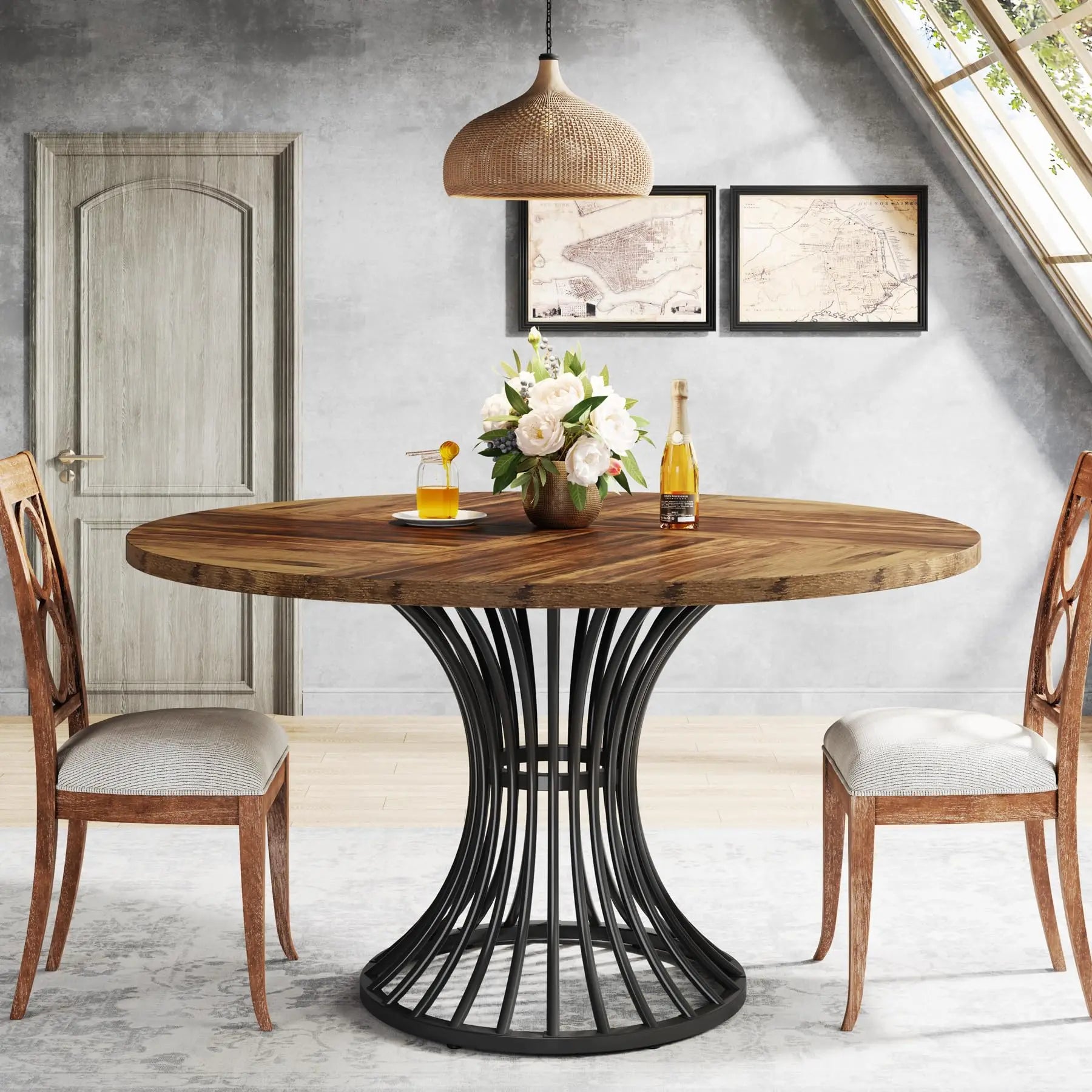 Table Ronde Style Ferme 120cm — Charme Rustique Salle à Manger 4-6 Personnes