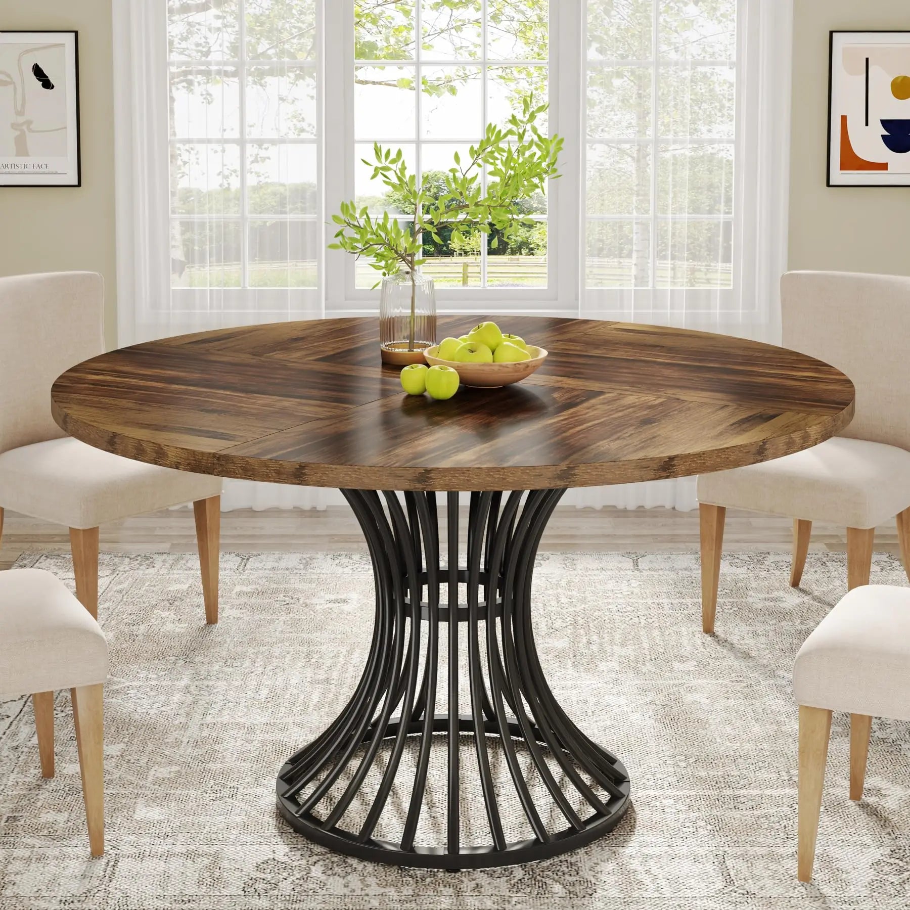 Table Ronde Style Ferme 120cm — Charme Rustique Salle à Manger 4-6 Personnes