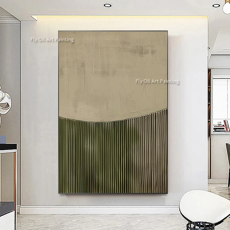 Tableau Abstrait Beige & Vert — Peinture Huile Texturée Originale