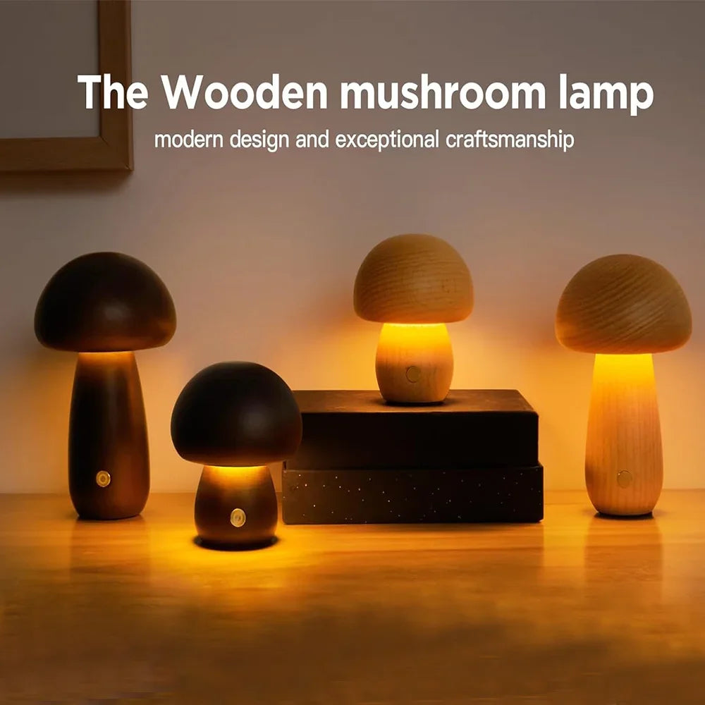 Lampe Champignon Rechargeable Tactile — Veilleuse LED Dimmable Bois