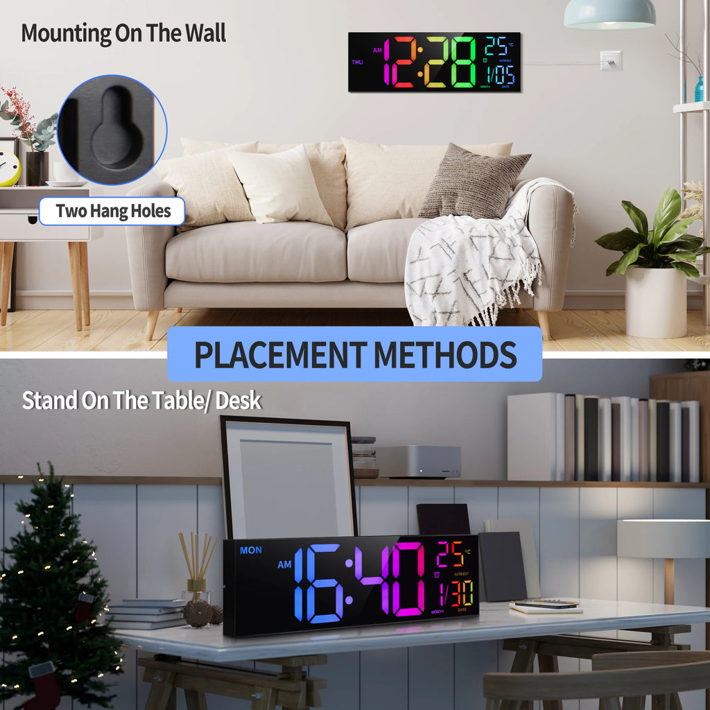 Horloge Murale Numérique LED 40cm — Affichage RGB 9 Couleurs Télécommande