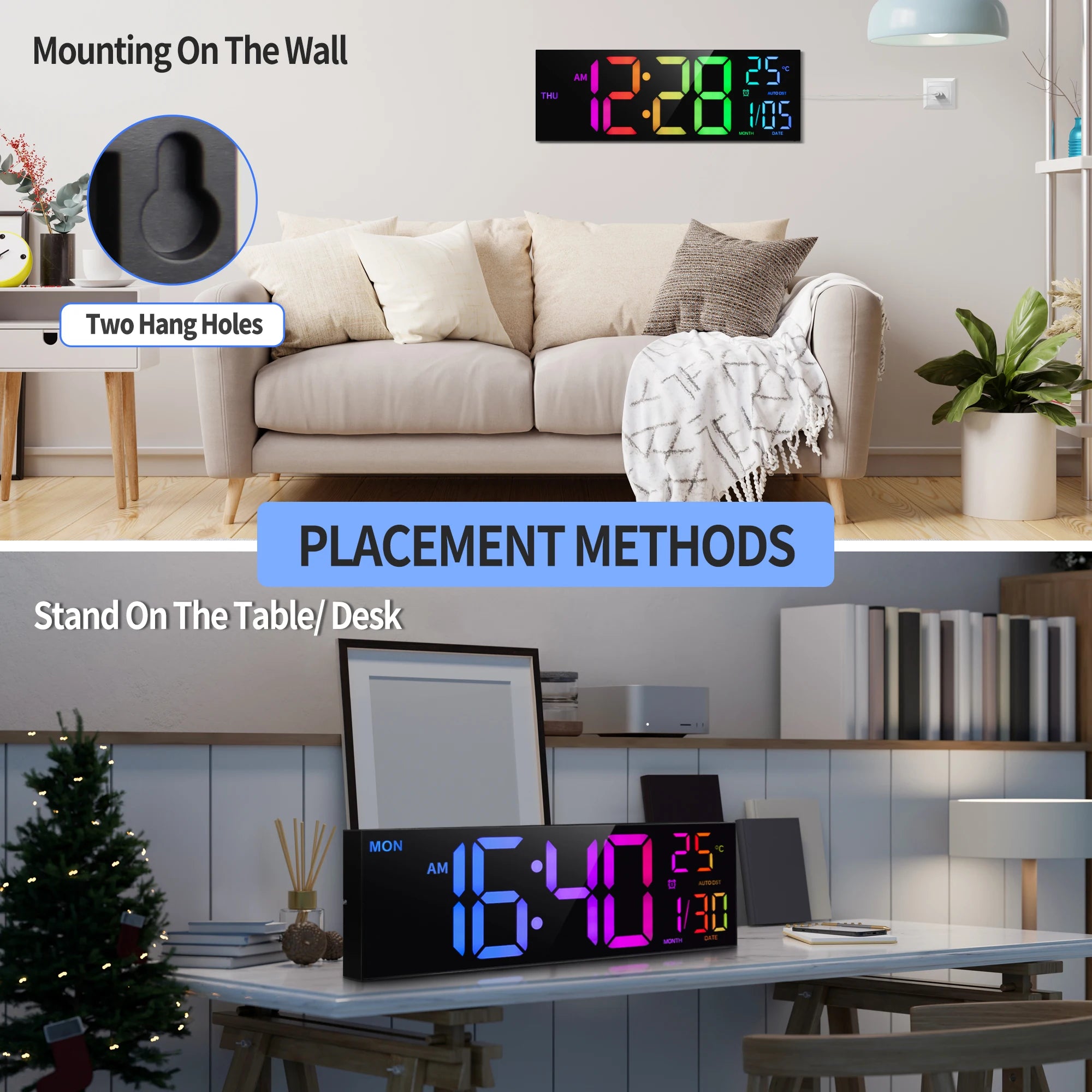 Horloge Murale Numérique LED 40cm — Affichage RGB 9 Couleurs Télécommande