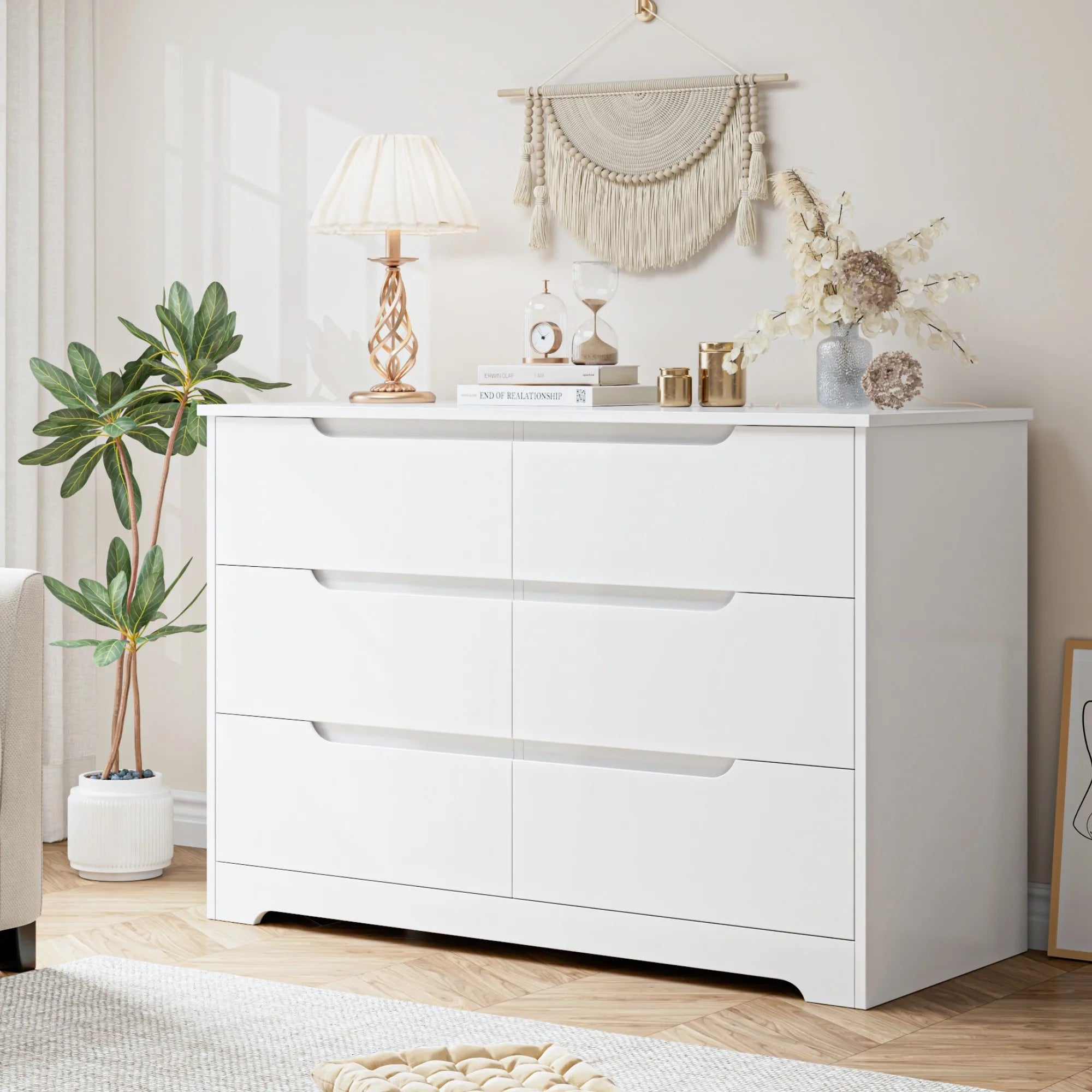 Commode 6 tiroirs blanche en bois moderne, vue principale