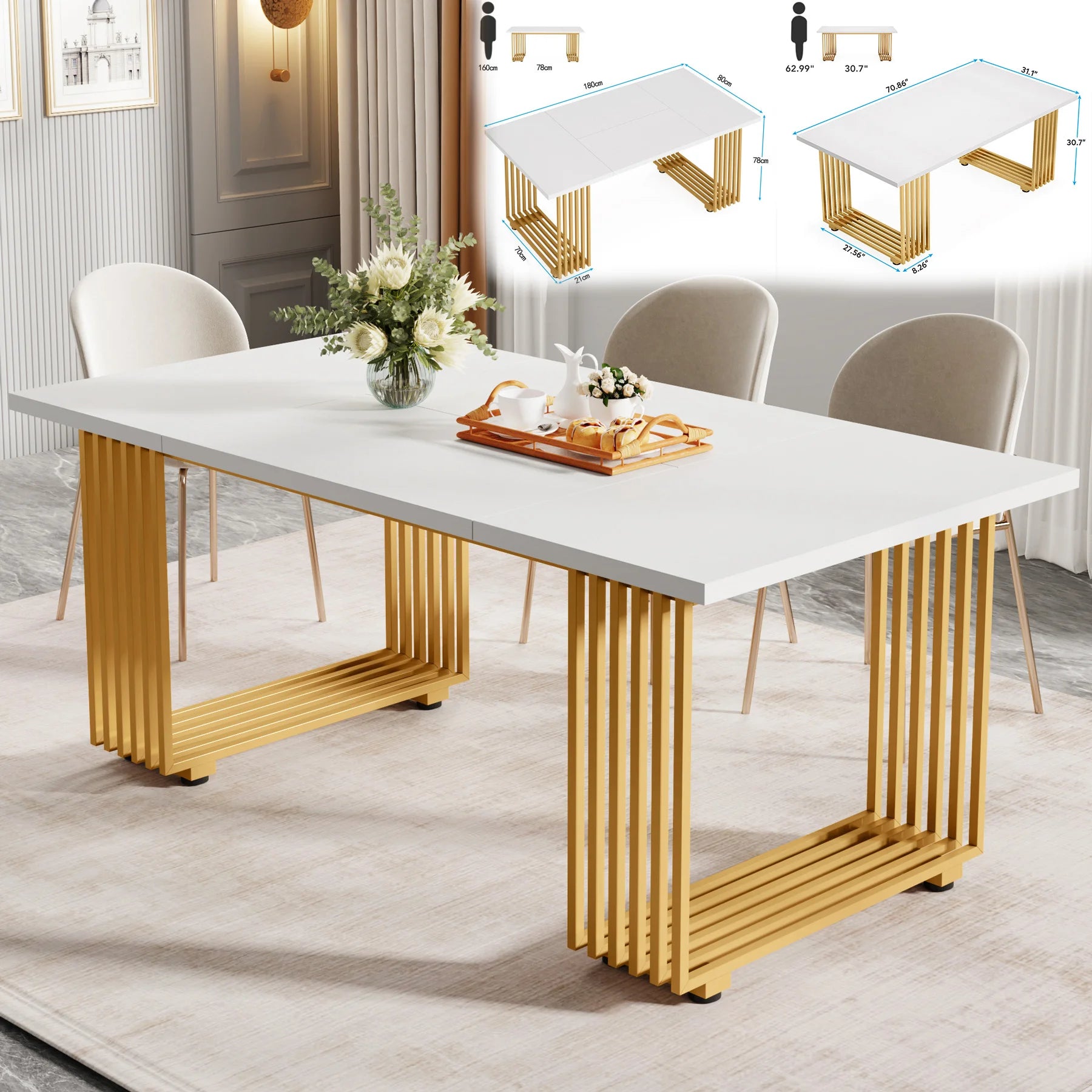Table À Manger Rectangulaire Marbre Blanc 160cm — Élégance 4-6 Personnes