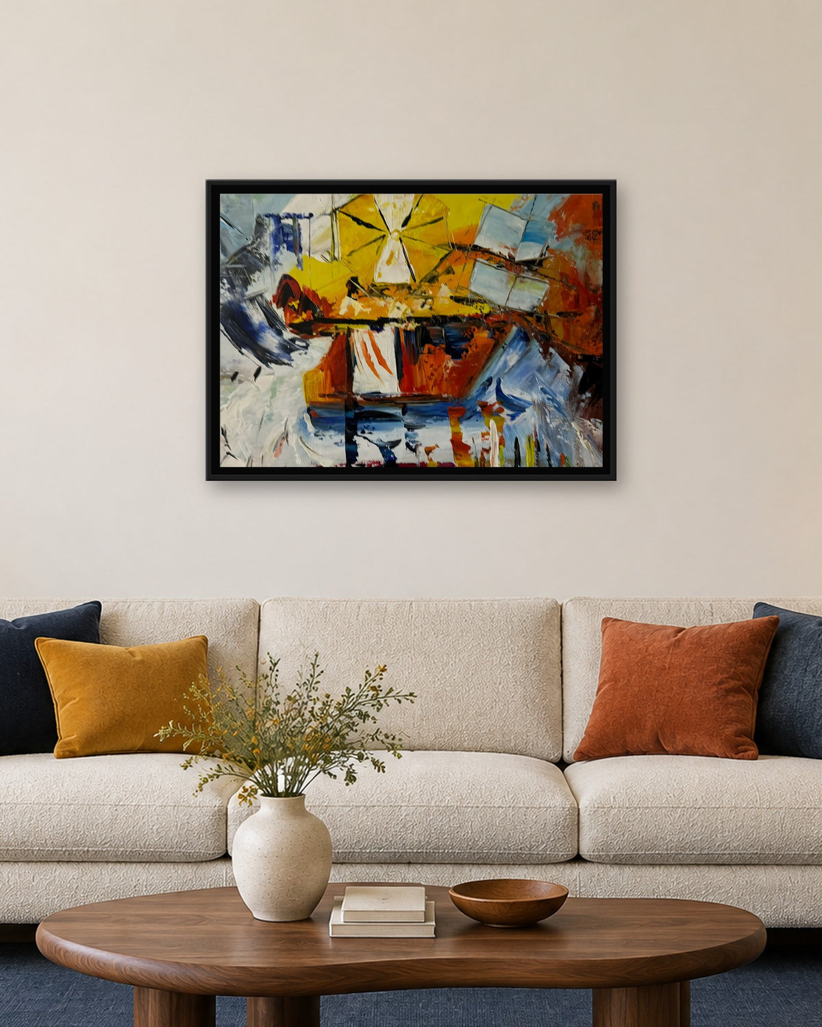 Abstrait — toile 70 × 50 cm encadrée (caisse américaine noire, 75,2 × 55,2 cm hors tout), vue rapprochée