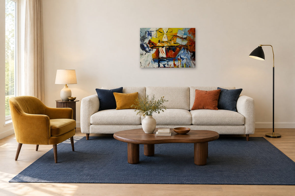 Abstrait — toile 70 × 50 cm sans cadre dans un salon, échelle réelle estimée